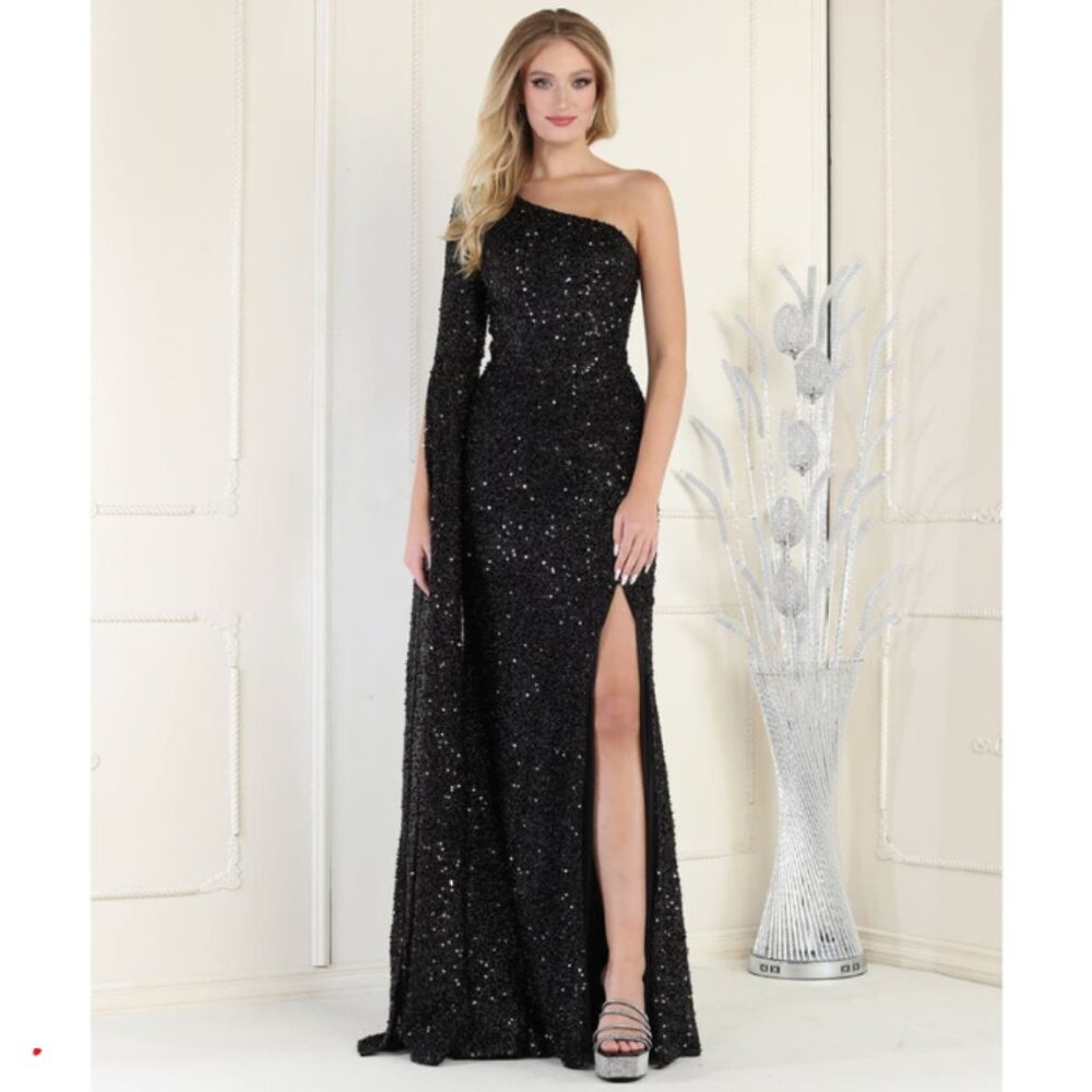 Black Gala Asymmetrical Split Cascade Sleeve Shea… - image 1